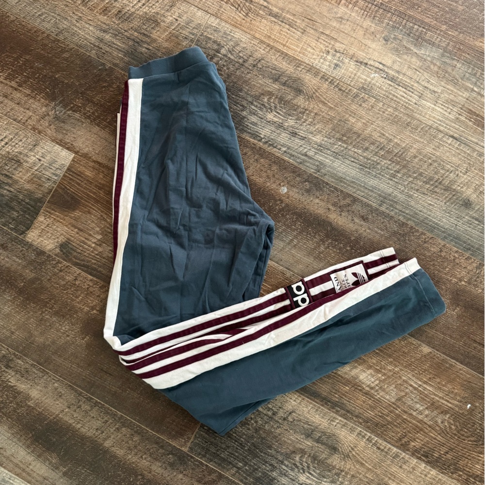 Adidas Women's Blue Leggings with Burgundy and White Stripes